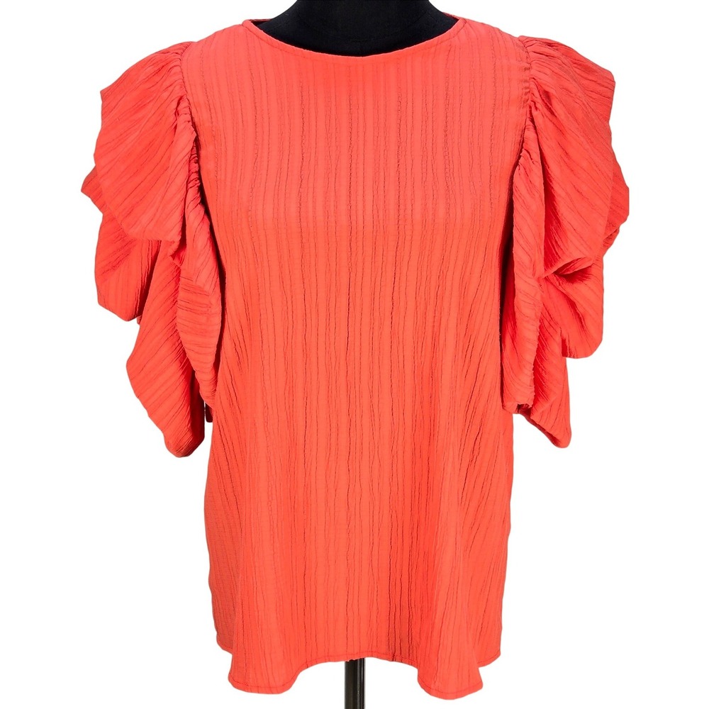 Women's THML Large Salmon Textured Ruffle Puff Sleeve Top‎ Feminine Romantic